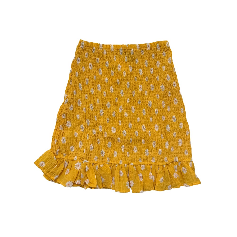 Forever 21 Daisy Mini Skirt Size Small Smocked Ruffle Hem Blue Yellow Floral NWT